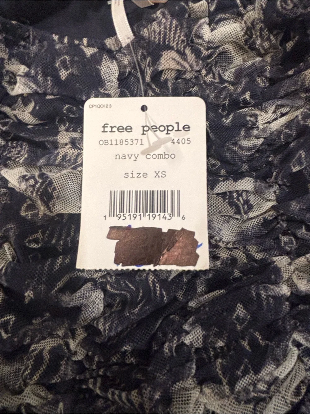 Free people NWT Lilia crop long sleeve top size xs. Navy. Sheer sleeves.